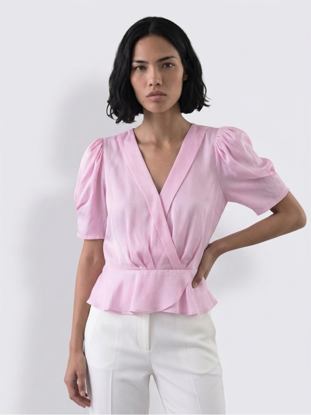 DKNY Women’s Pink V-Neck Wrap Peplum Top Short Puff Sleeves V Neckline NWT Large